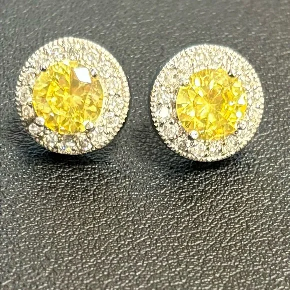 Canary yellow diamond stud earrings in Sterling Silver! - Picture 1 of 8